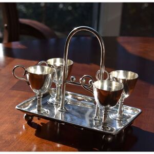 Antique Edwardian EPNS Egg Cruet Server 4 Cups Ball Feet England 1900s Silver